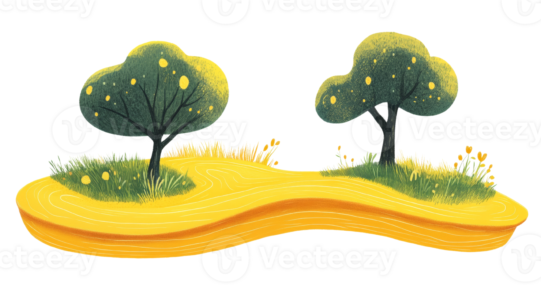 Two Trees on a Yellow Hilly Island Landscape png