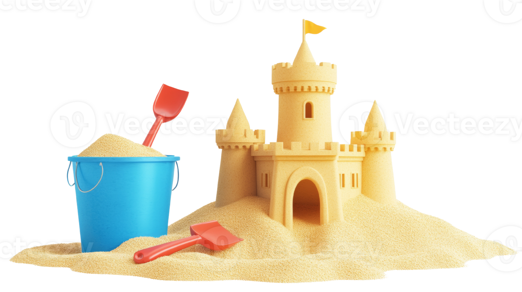 Sandcastle on Beach with Bucket and Shovels png