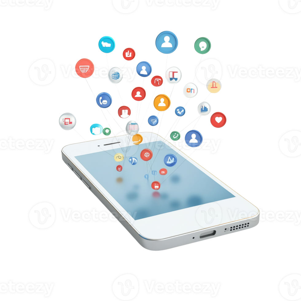Smartphone displaying numerous application icons and social connections png