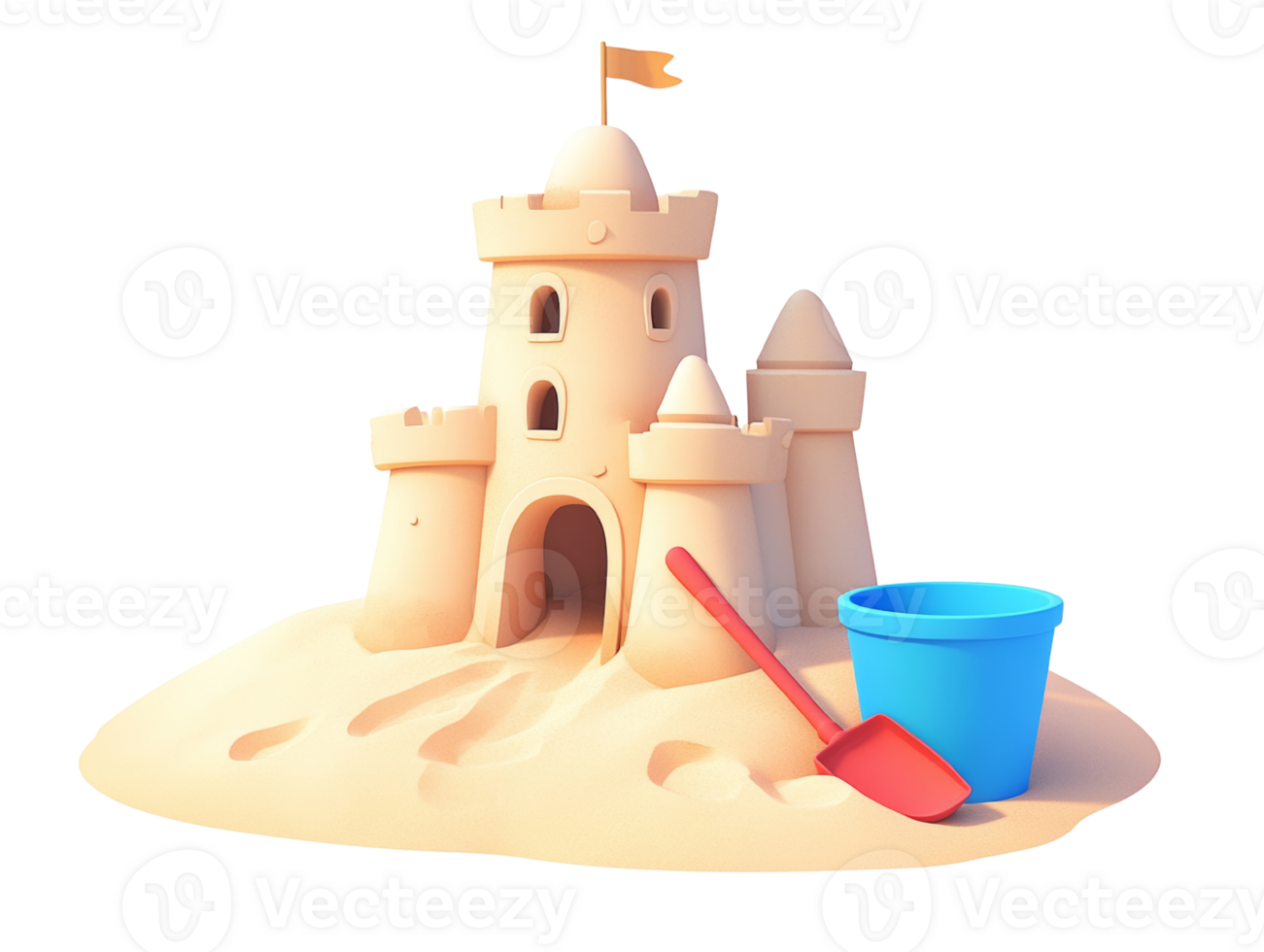 A whimsical sandcastle stands proudly on the beach png