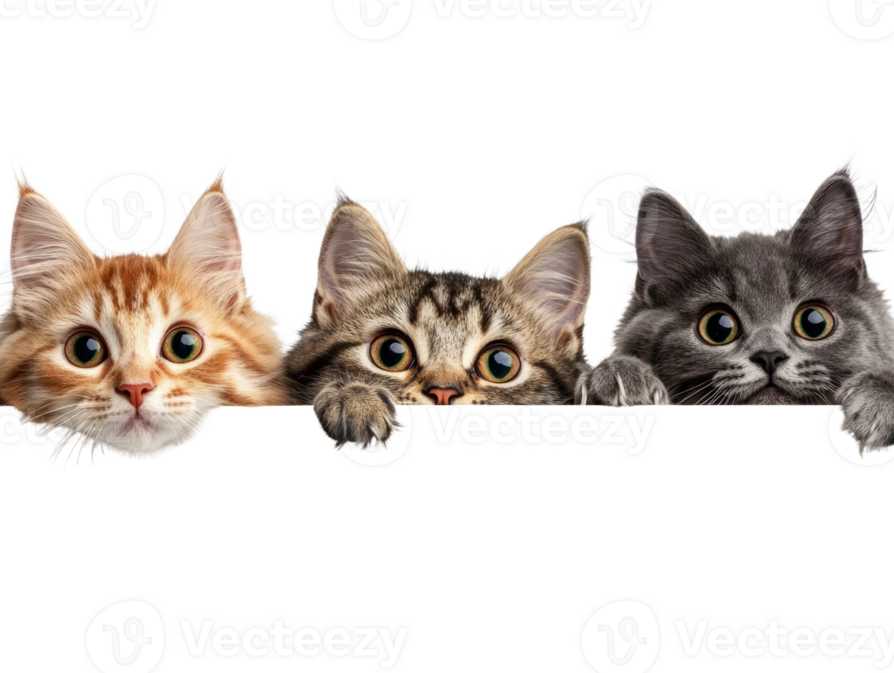 Three Adorable Kittens Peeking Over a Surface png