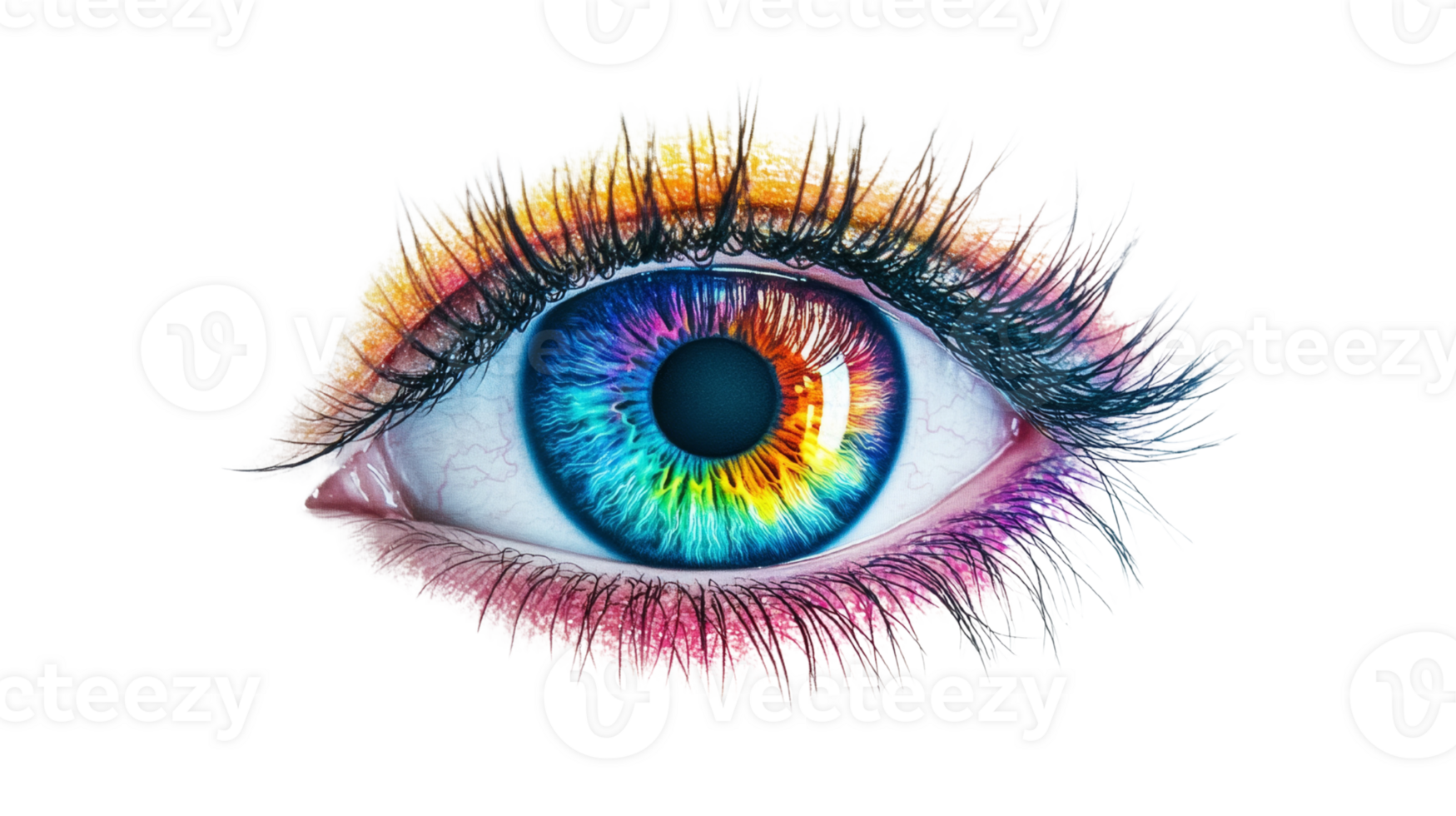 A vibrant rainbow eye with colorful lashes png