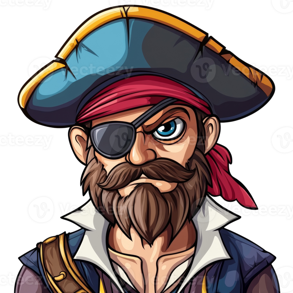 A fierce cartoon pirate captain with a beard and eyepatch png
