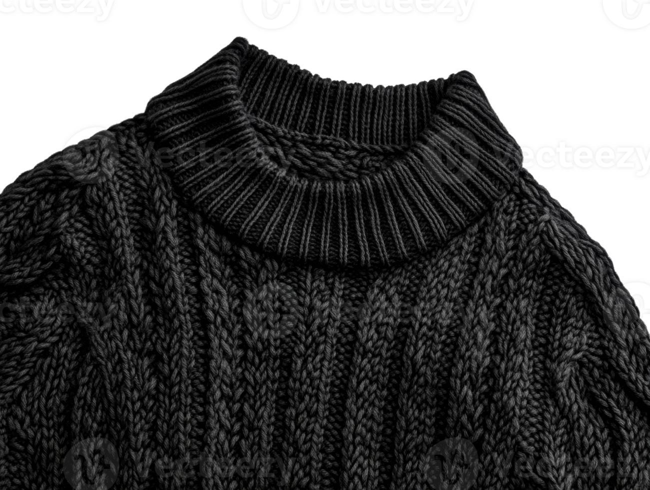 Dark Grey Cable Knit Wool Sweater Neck Detail png