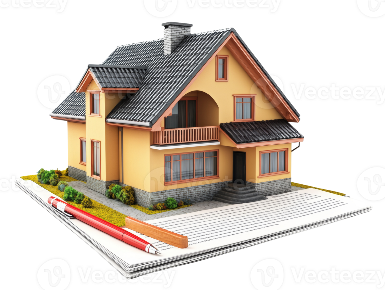 Yellow House Model on Legal Documents Ready for Signing png