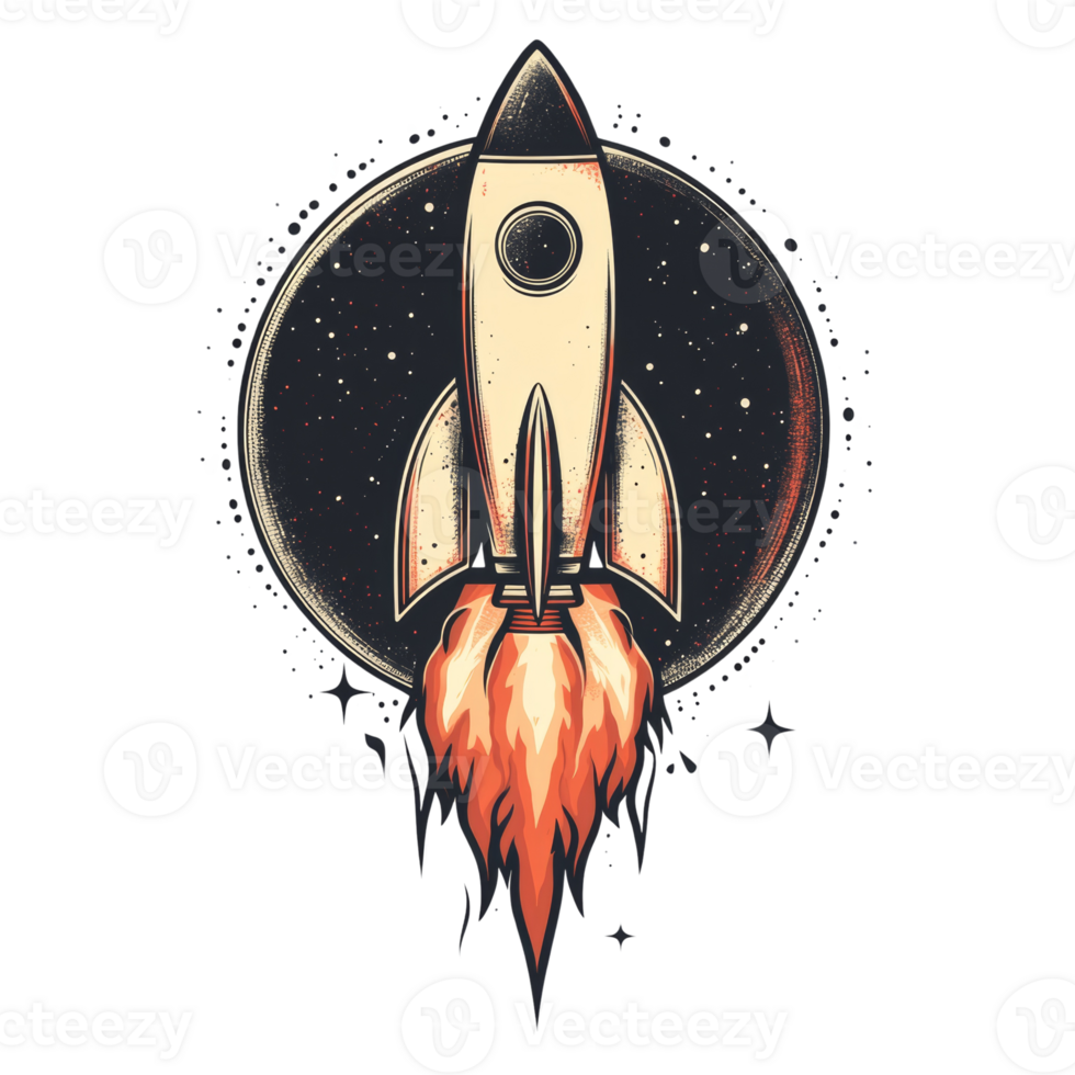 Retro Rocket Launching Into Space Against Starry Background png
