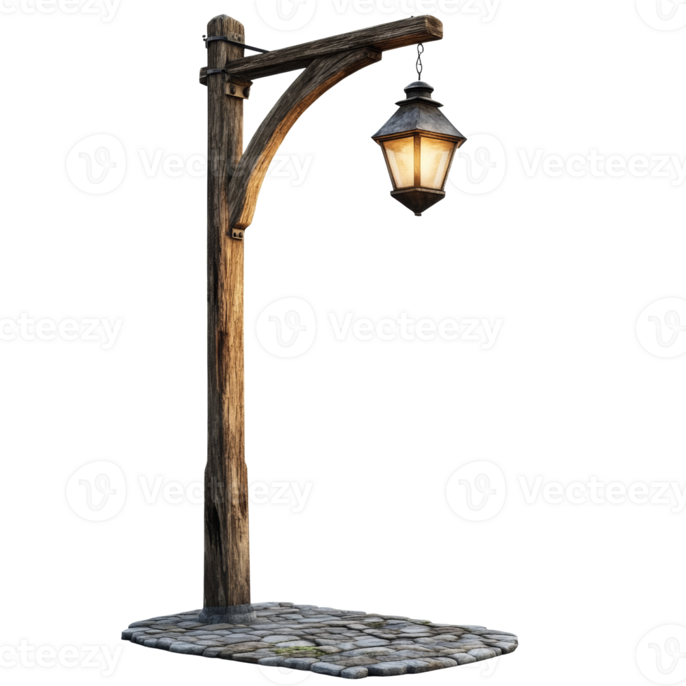 Rustic Wooden Lamp Post With Lit Lantern png