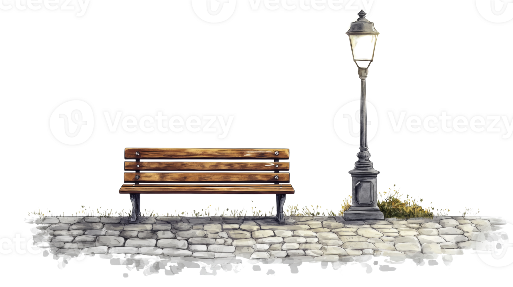 Wooden park bench beside a lamppost on stone pavement png