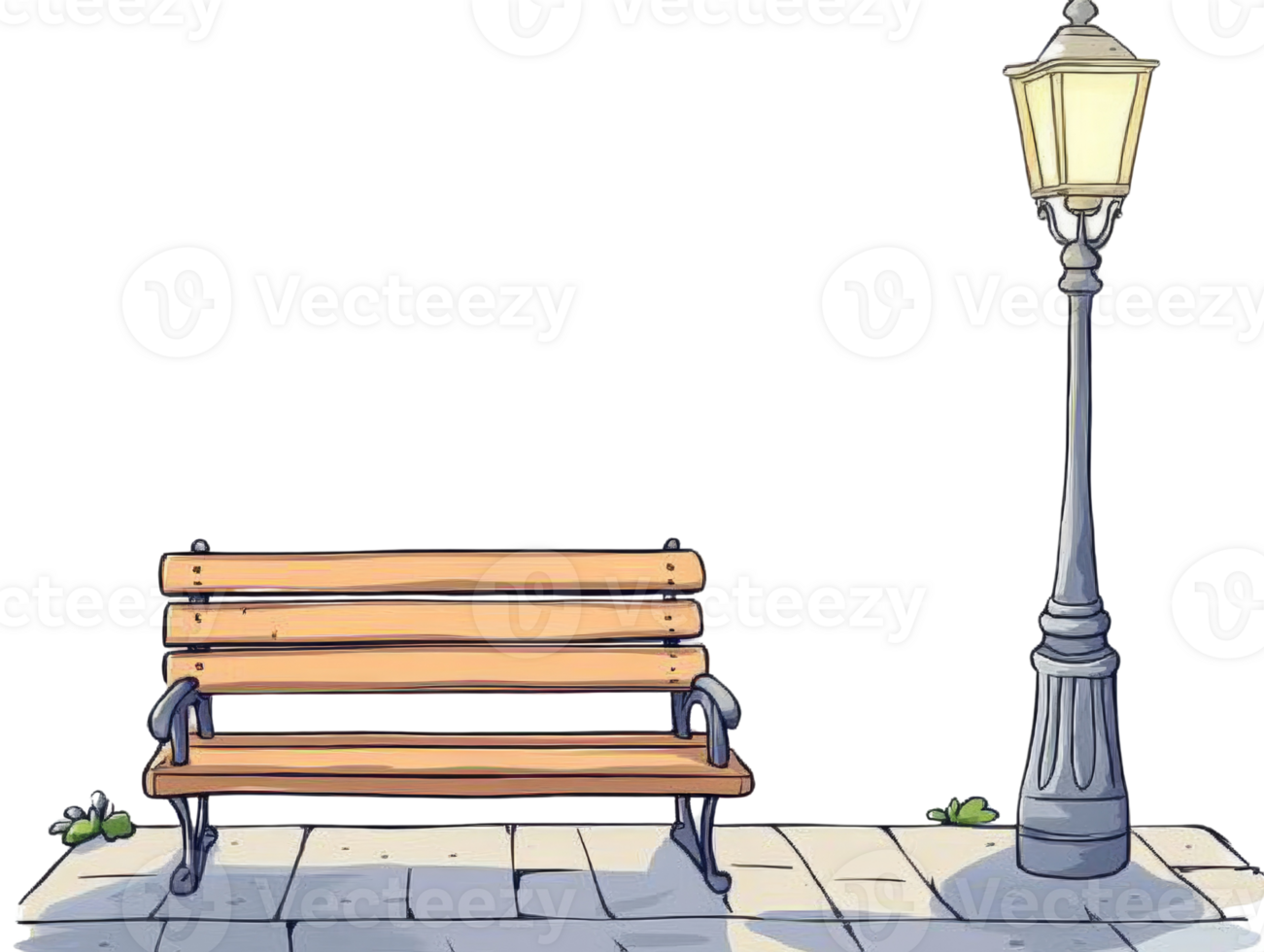Wooden Park Bench Beside a Tall Lamppost at Night png