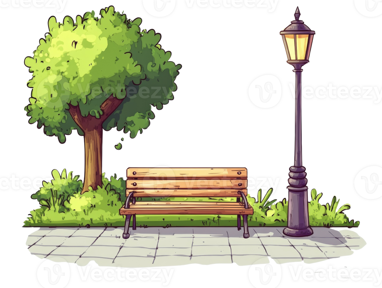 Park Bench Scene With Tree And Lamppost png