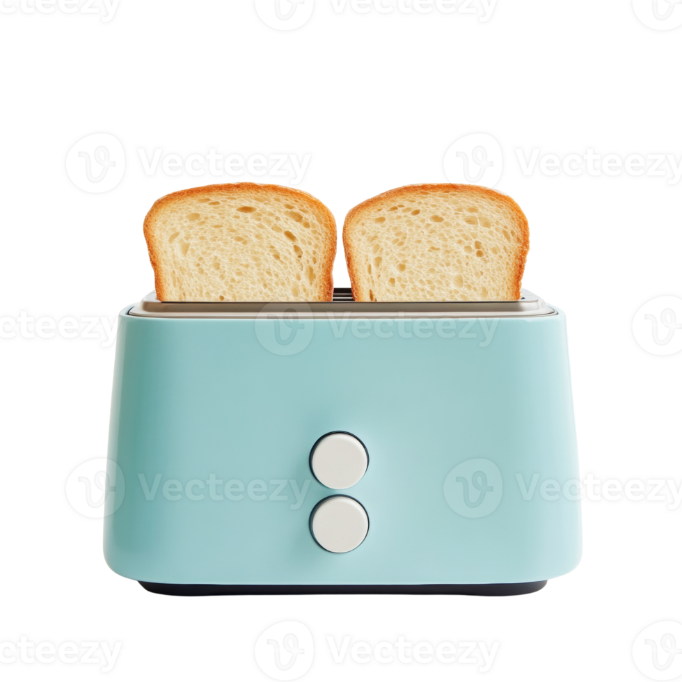 Two slices of toast in a light blue toaster png