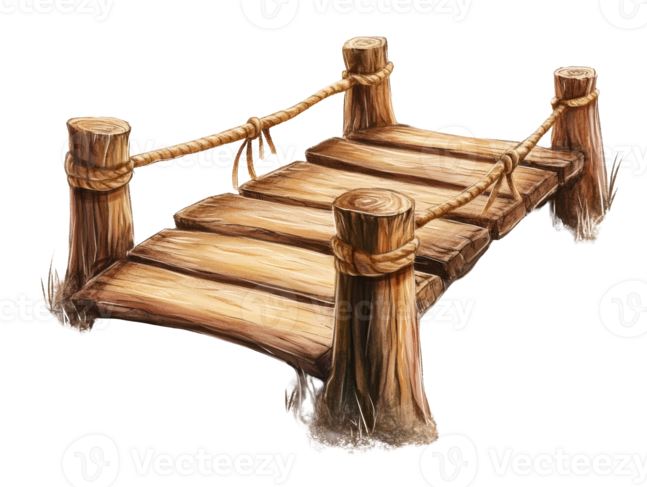 A rustic wooden footbridge with rope railings png