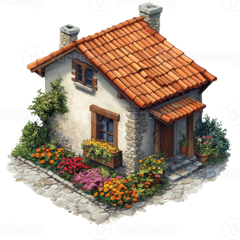 Charming Stone Cottage with Vibrant Flower Gardens png