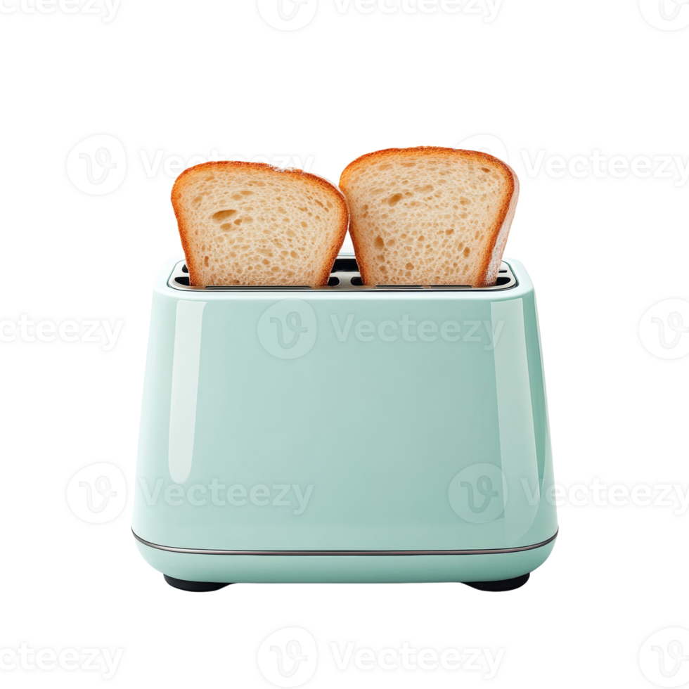 Two slices of toast in a pastel green toaster png