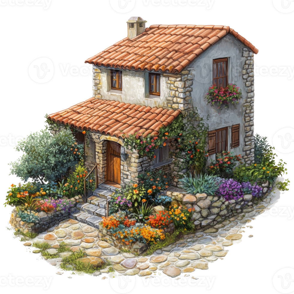 Charming Stone Cottage with Blooming Flower Garden png