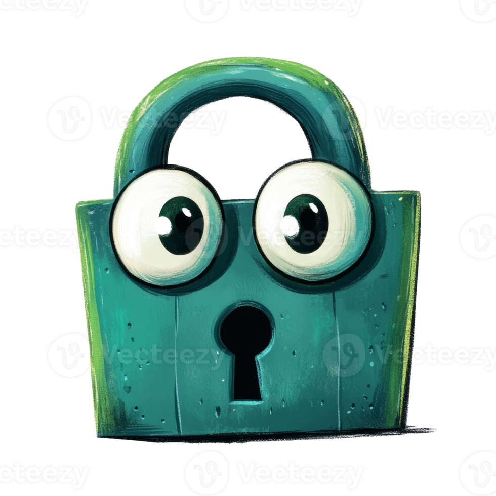 A teal padlock with large surprised eyes png