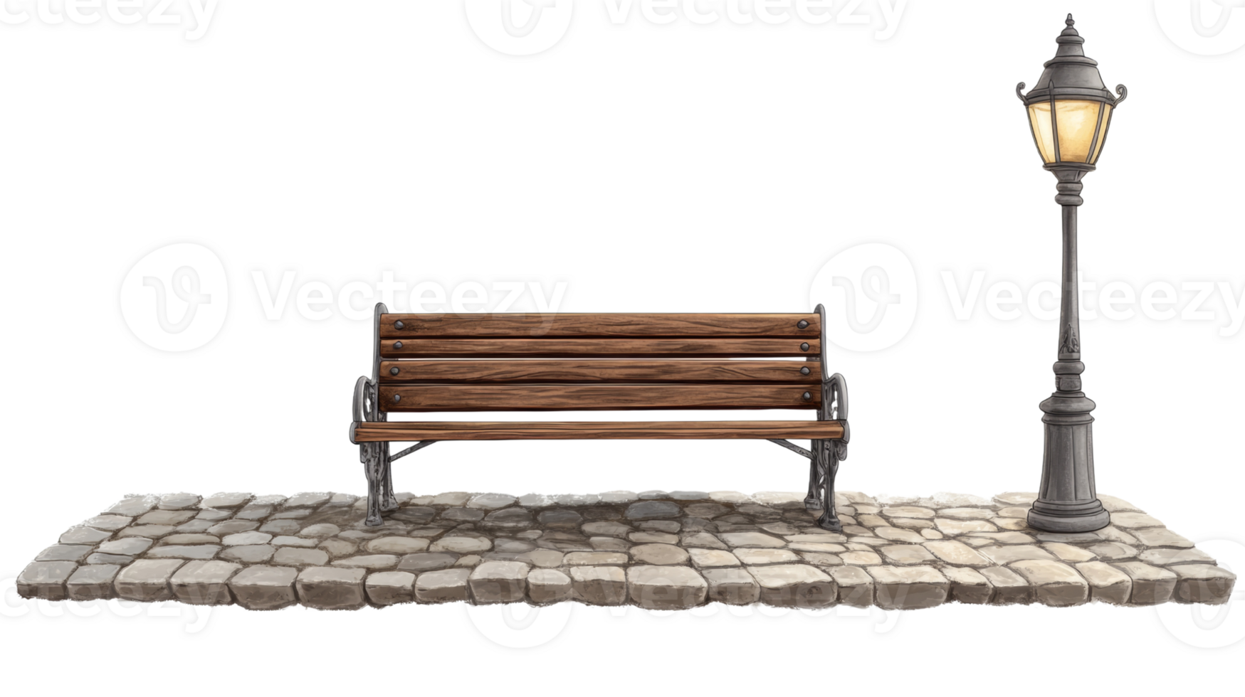 A wooden park bench sits beside a lit lamppost png