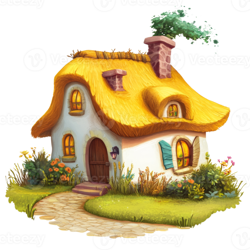 Charming Thatched Cottage Nestled Amongst Lush Greenery. cut out png