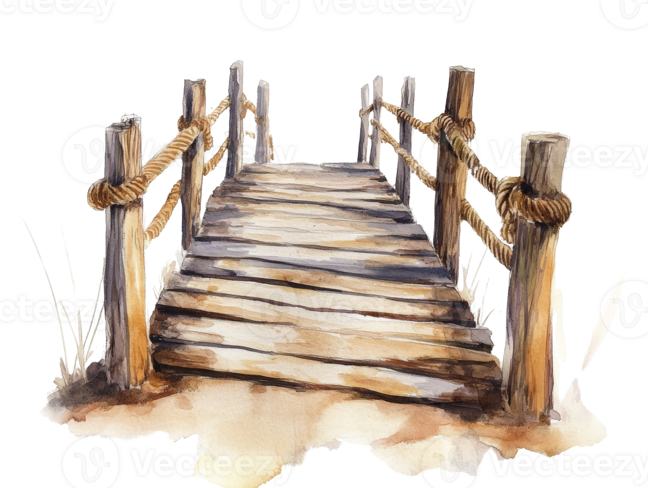 Rustic Wooden Footbridge With Rope Railings png