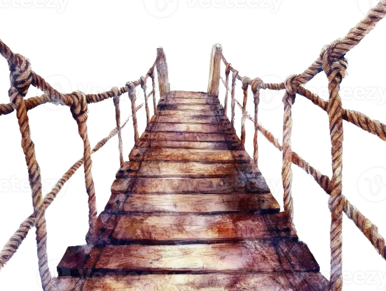 Wooden bridge with rope railings leading to unknown destination png