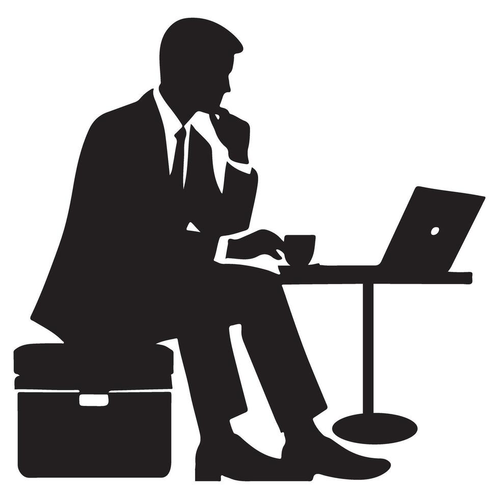 Businessman Silhouette Working on Laptop Thoughtful Professional vector