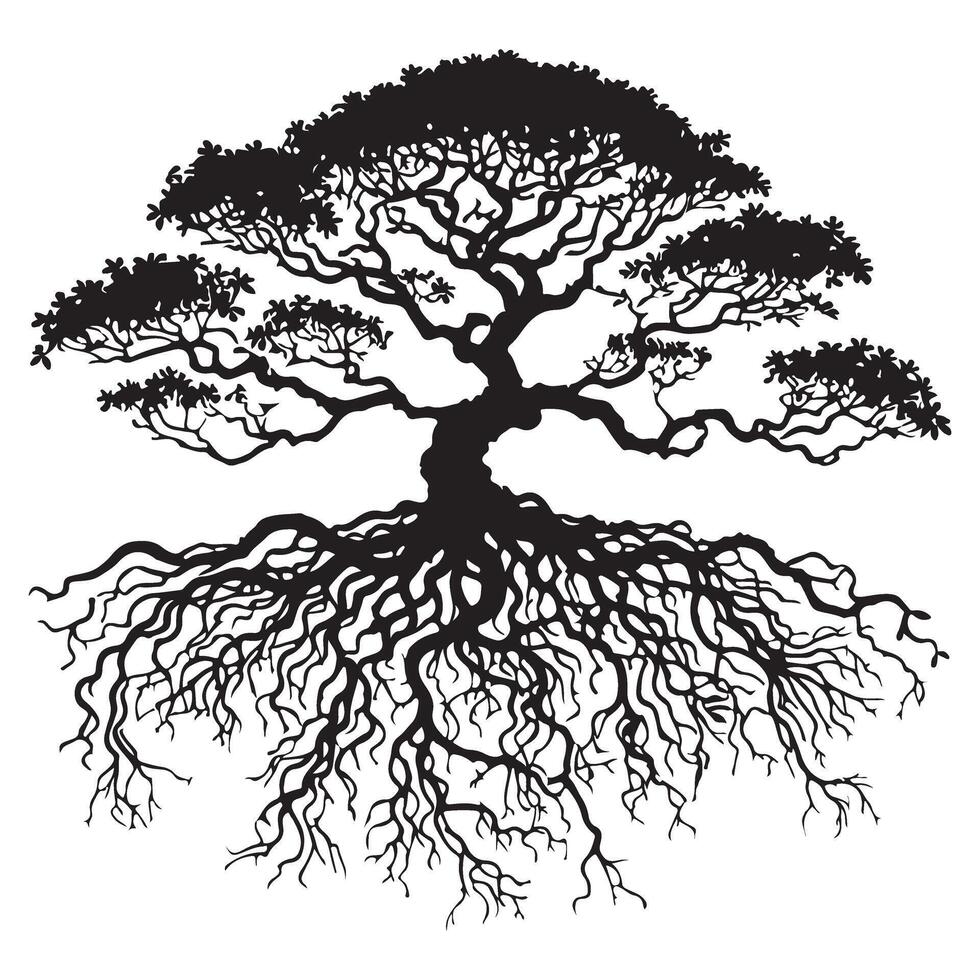 Majestic Tree Silhouette with Extensive Roots vector