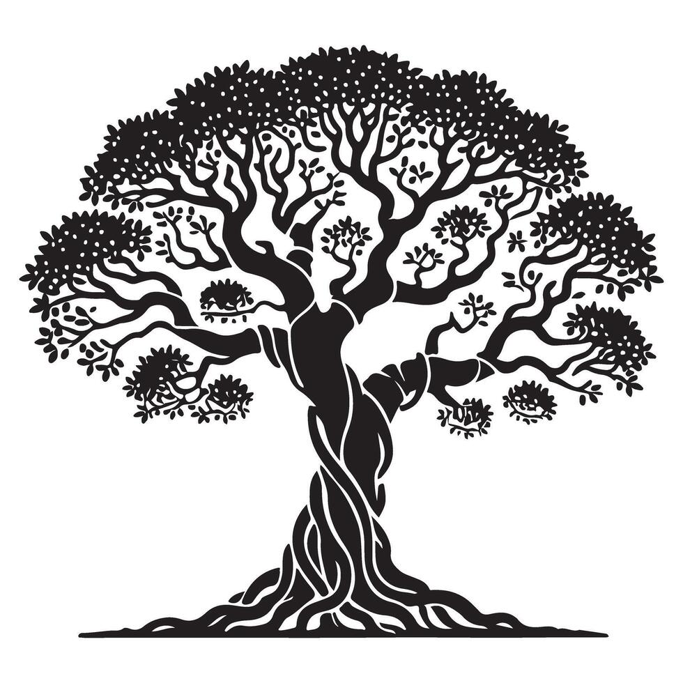 Majestic Black Silhouette Tree Illustration with Intricate Roots and Birds Nest vector