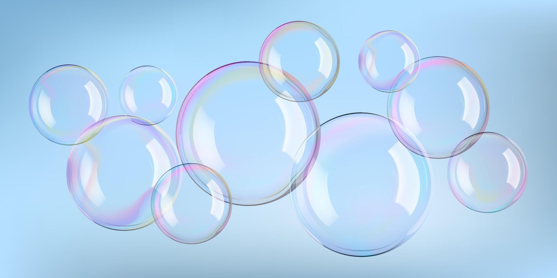 Soap bubbles in blue water, 3d background. White reflections on big spheres and pink circles blown by wand. Rainbow iridescent round shaped ball. Glass mirror foam flare in air vector