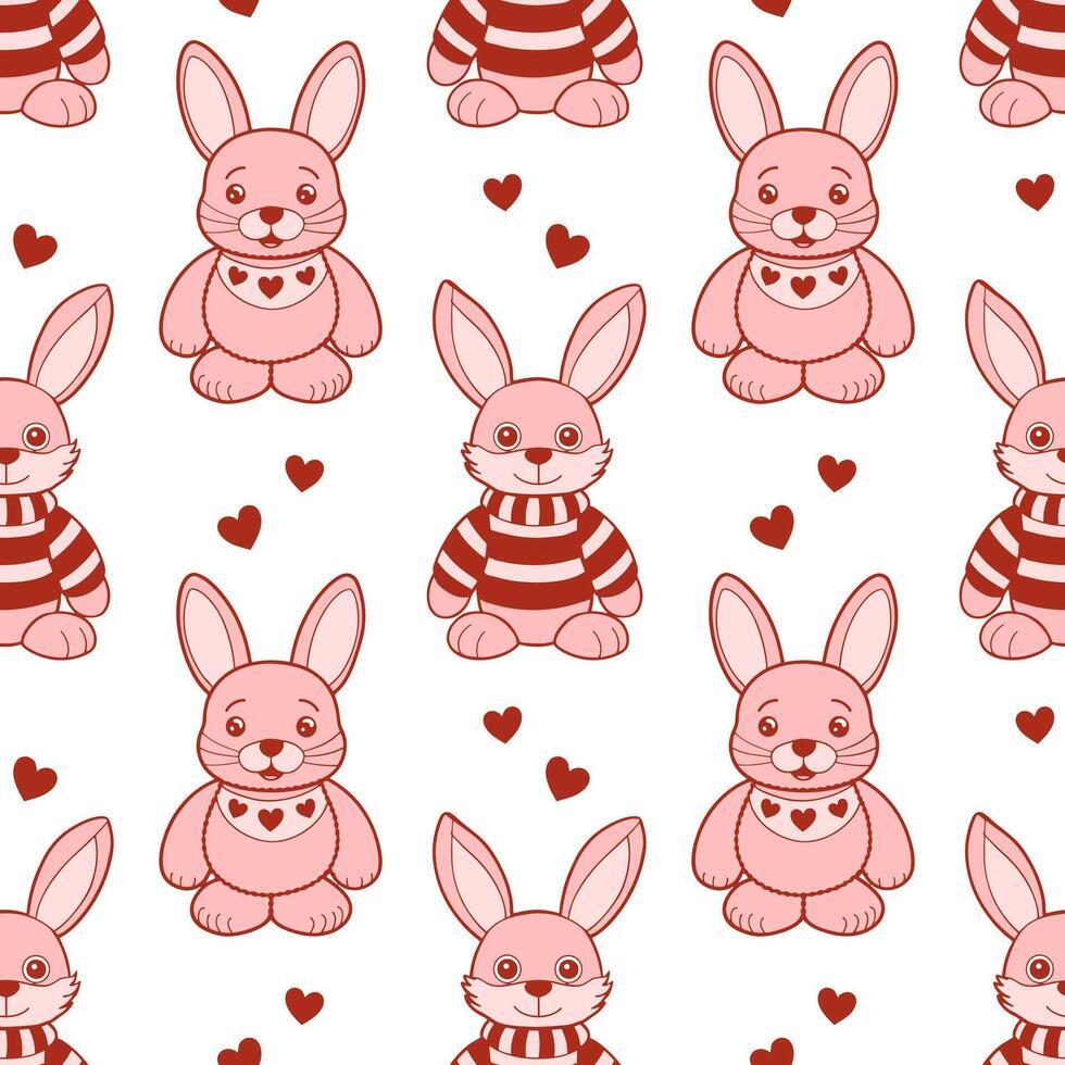 Seamless pattern of cute plush bunnies and hearts. Pink plush toys print. Children's background vector