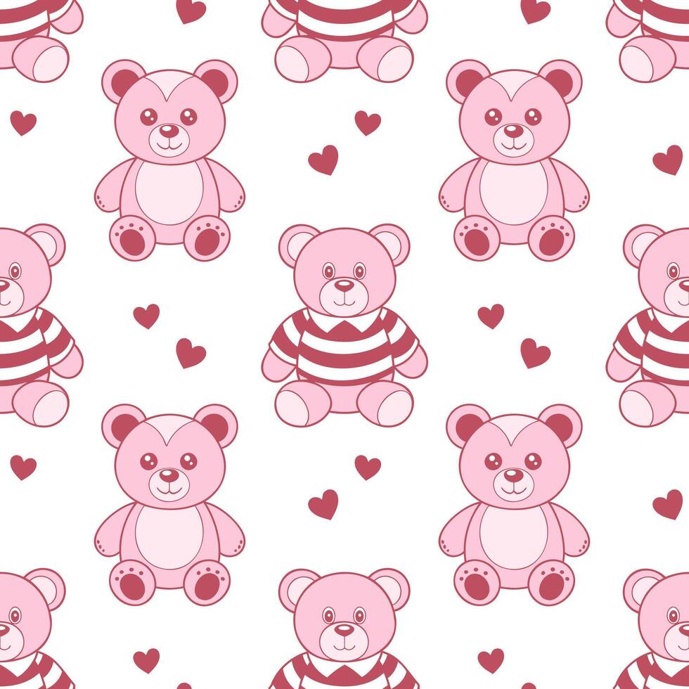 Seamless pattern of cute teddy bears and hearts. Pink plush toys print. vector