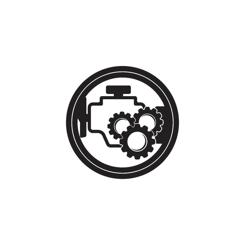 A black and white logo of gears and a wrench vector