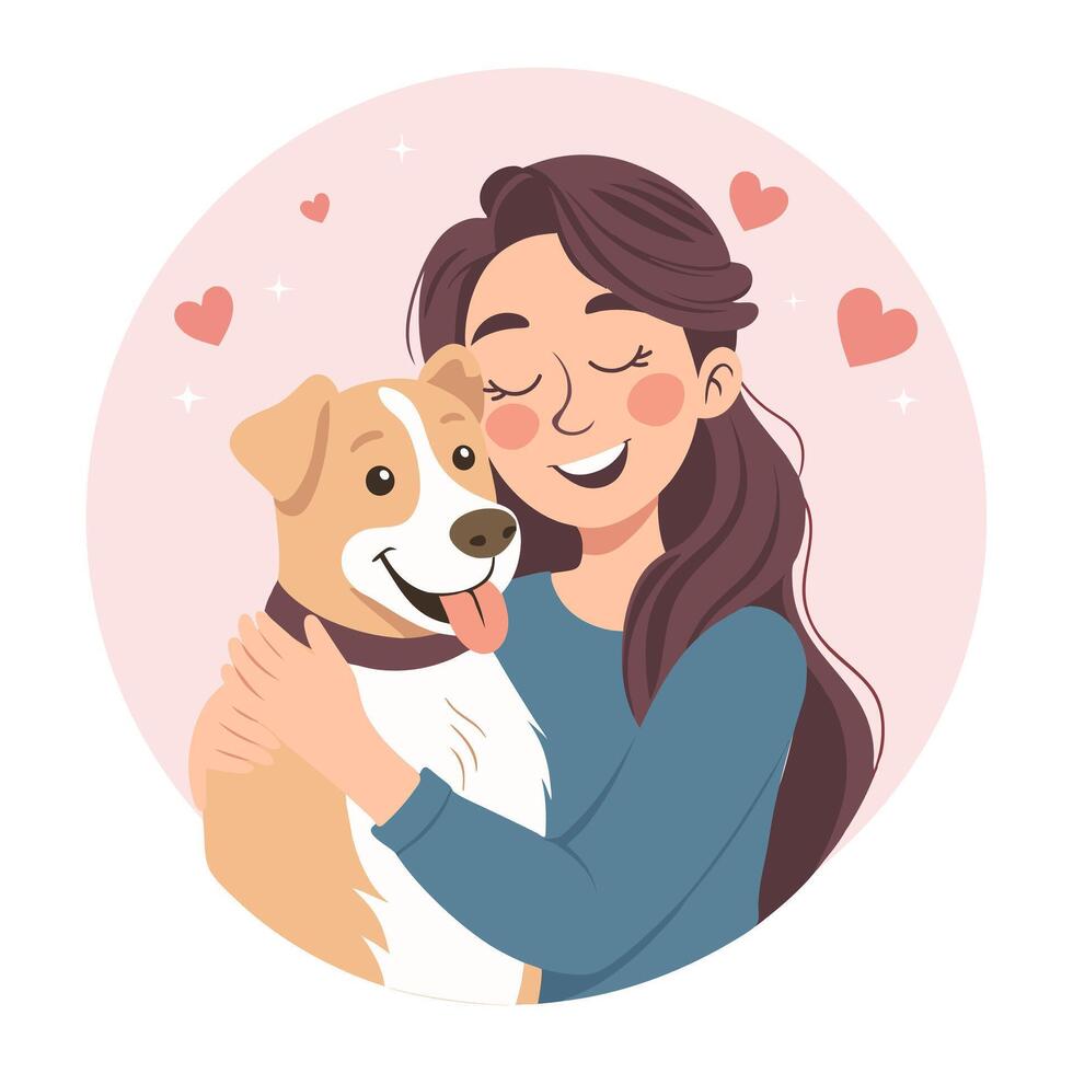 Cute happy young woman hugging dog. Dog lover. Pet owner. Flat style illustration. vector