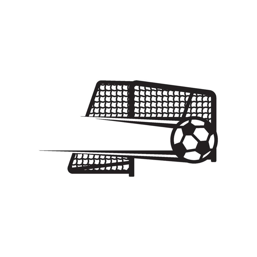 A soccer ball and net are shown in black and white vector