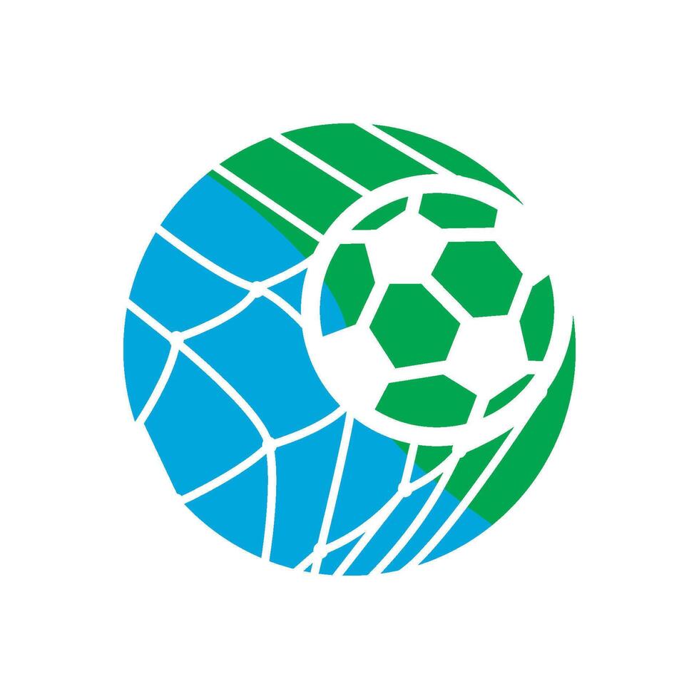 A soccer ball in a net with a blue and green background vector