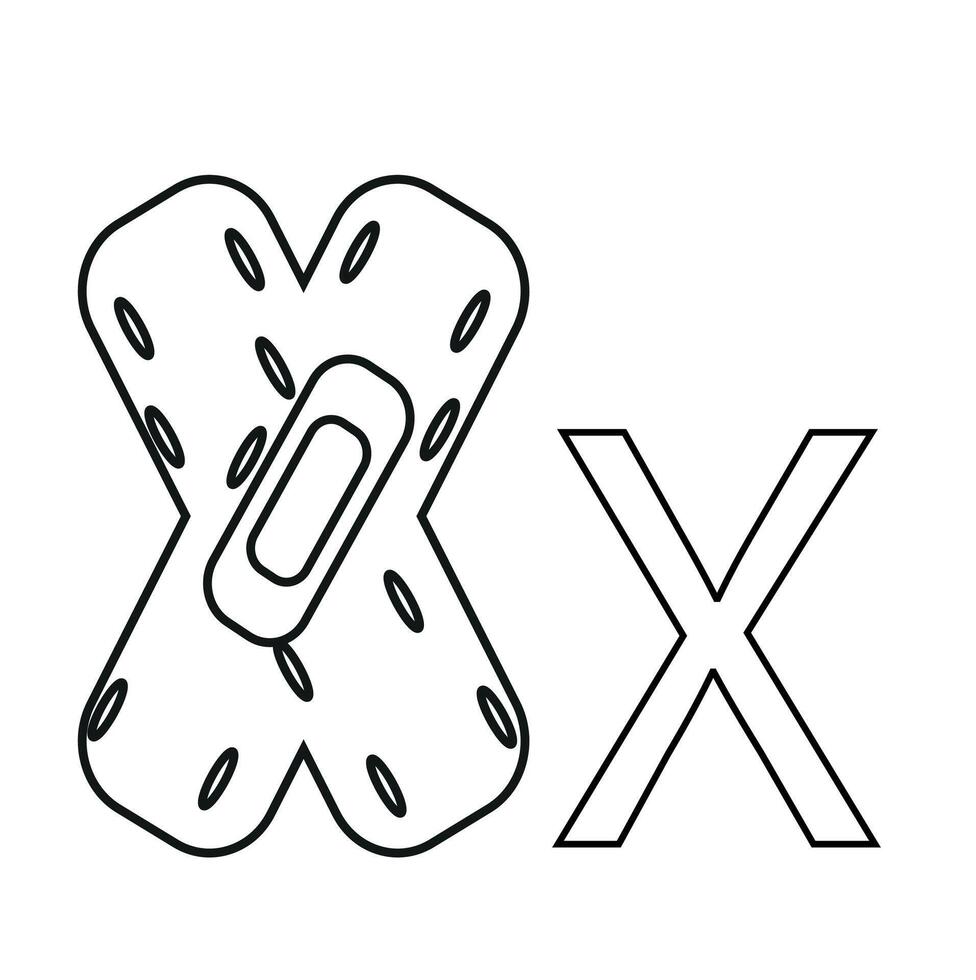 letter design made of two pieces of medical plaster folded into an X shape, drawn in line art style vector