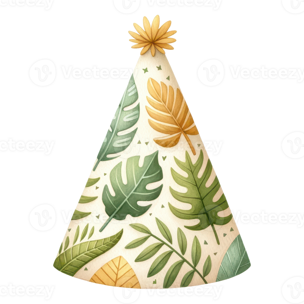 A decorative party hat adorned with vibrant green and yellow leaf patterns, topped with a bright flower. png
