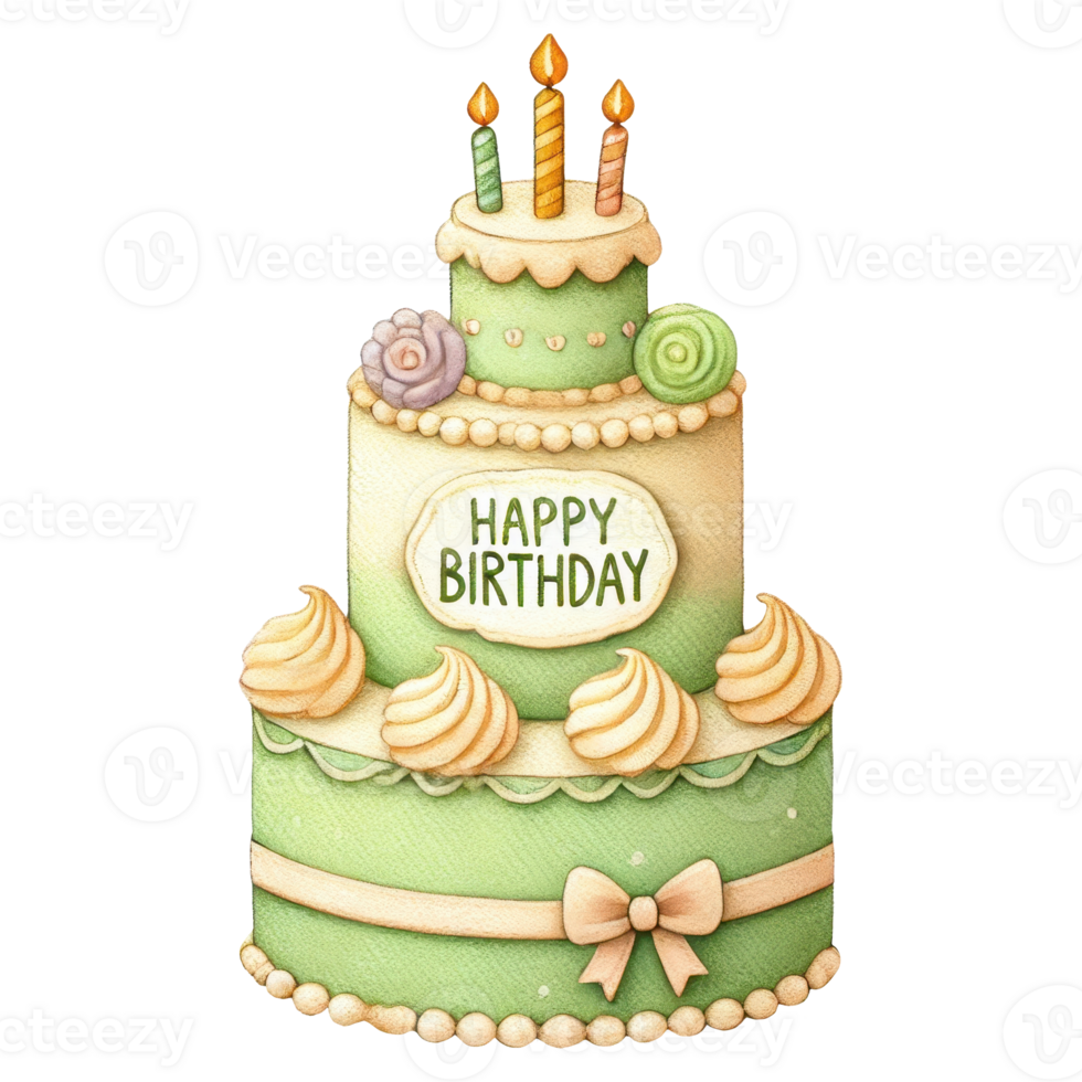A colorful three-tiered birthday cake adorned with candles, decorative swirls, and a Happy Birthday message. png