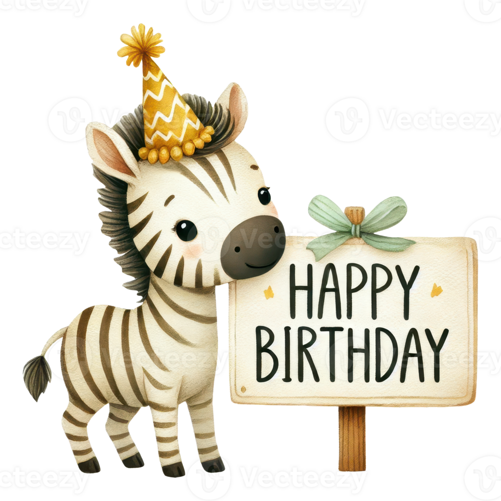 A cheerful zebra wearing a party hat stands next to a sign that says Happy Birthday png