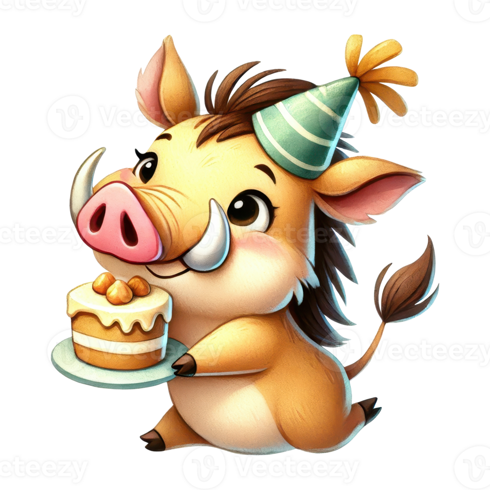 A cheerful cartoon piglet wearing a party hat holds a cake, exuding a festive and playful spirit png