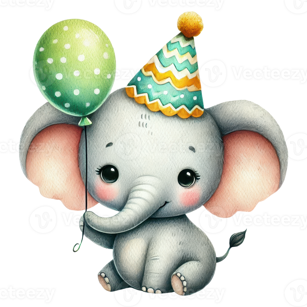 A cute elephant wearing a party hat, holding a green balloon, embodying a playful and festive spirit png
