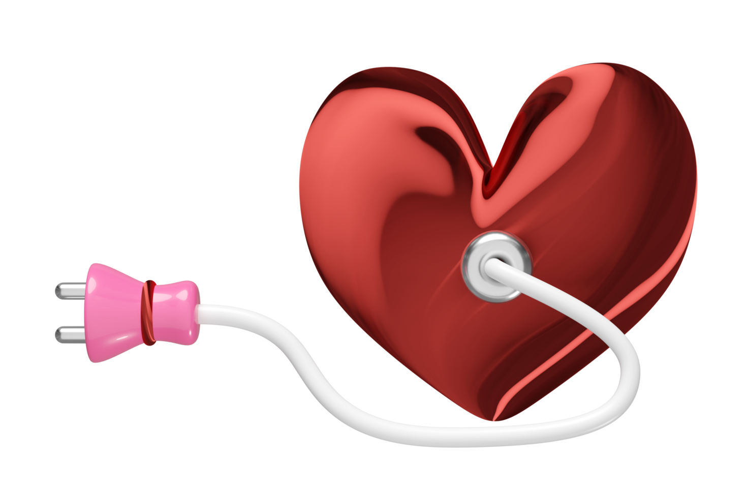 heart with plug, power cable isolated. happy valentine's day concept, 3d illustration render png