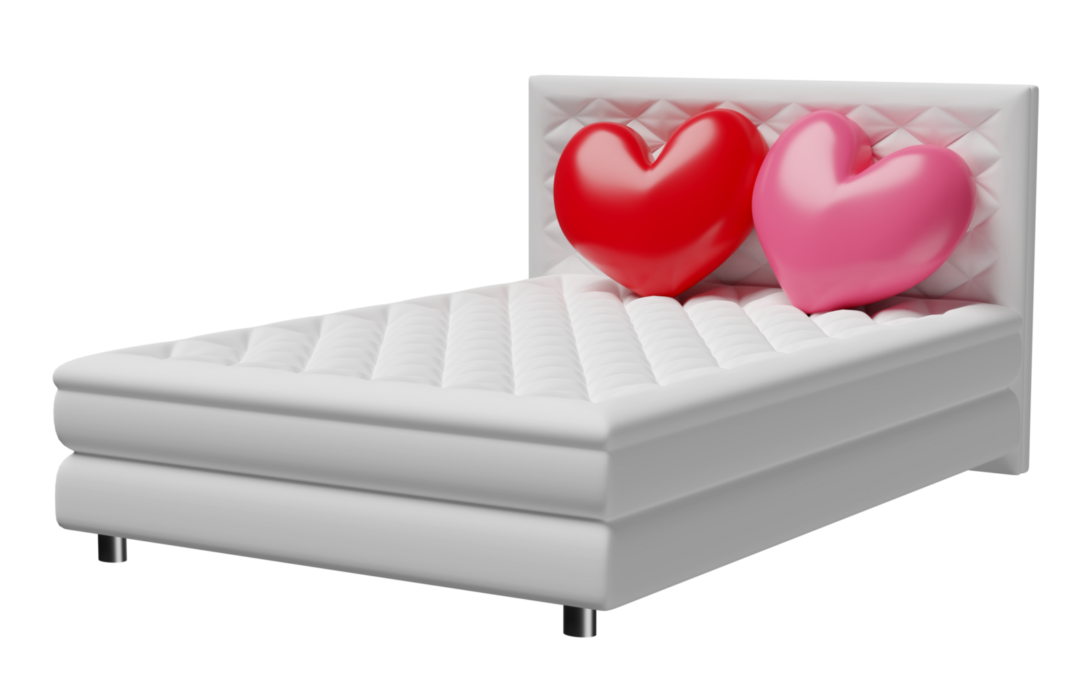 bed with double heart shaped pillows isolated. happy valentine's day concept, 3d illustration render png
