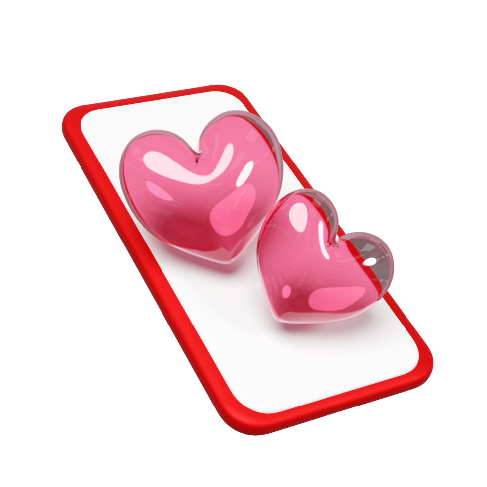 3d mobile phone with red double heart isolated. Happy valentine's day concept, 3d illustration render png
