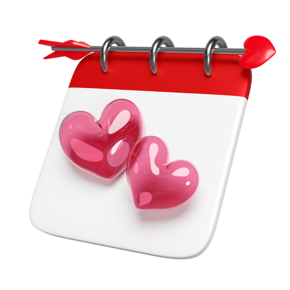 3d calendar with red double heart, arrow isolated. Happy valentine's day, health love or world heart day concept, 3d illustration render png