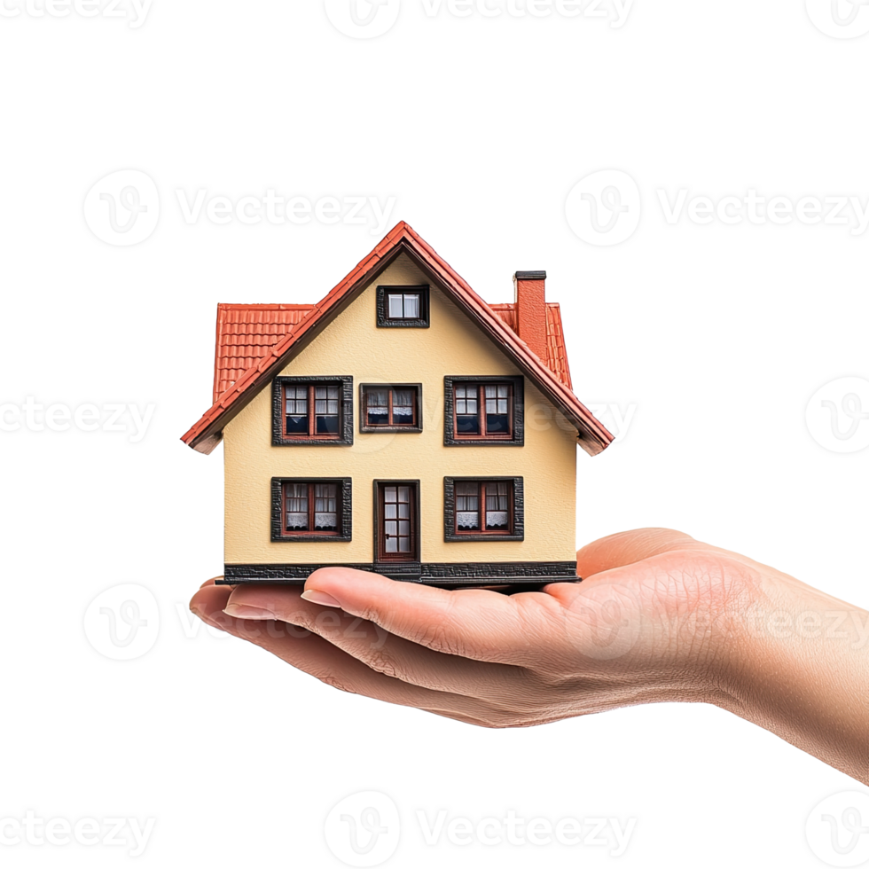 Hand holding model house presenting for home loan campaign on transparent background. png