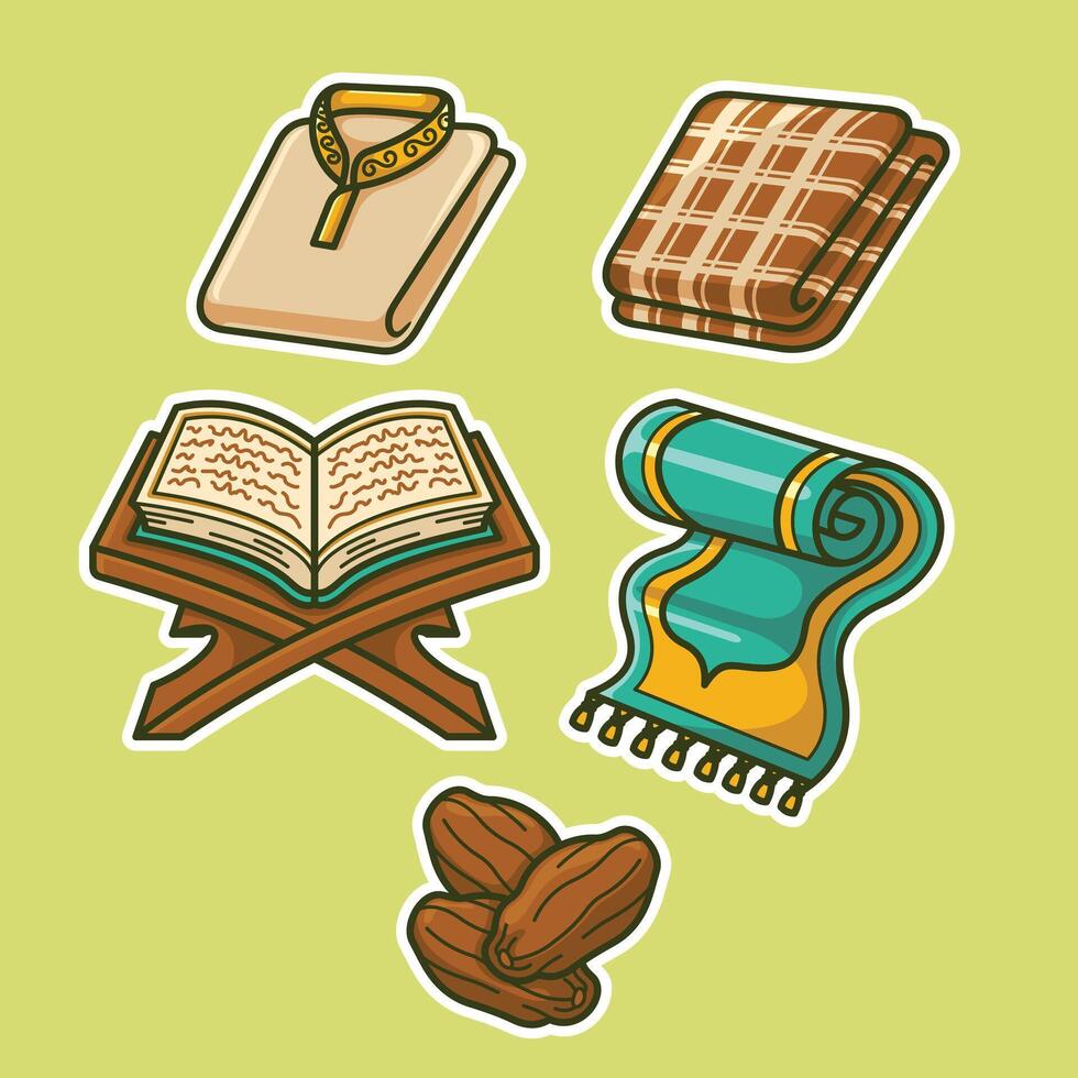 islamic symbols set with a book, a blanket, and a bowl vector