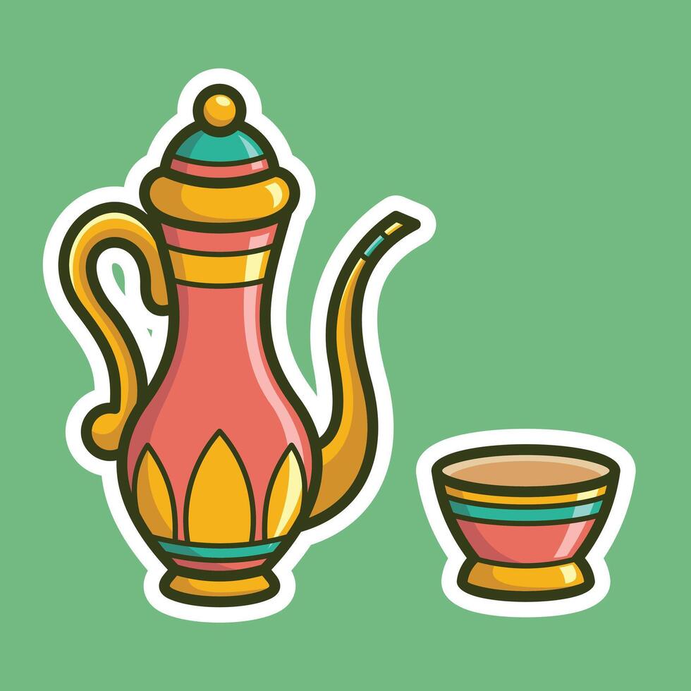 a sticker of a tea pot and cup on a green background vector