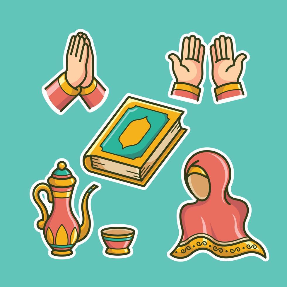 islamic symbols set with a book, prayer hands, and a cup vector