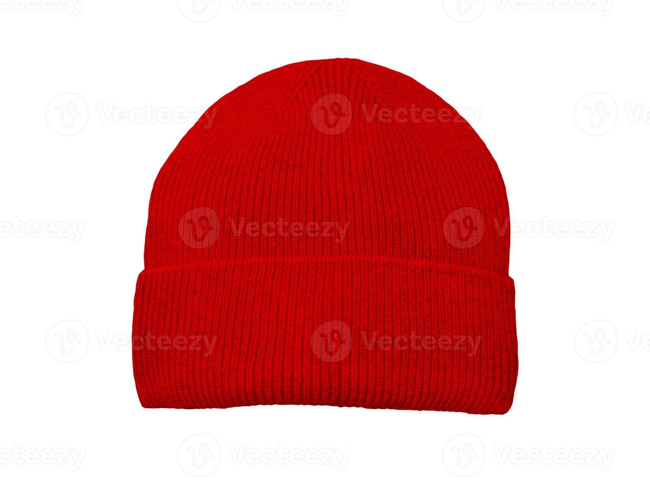 Red knitted winter wool hat isolated on white background. photo