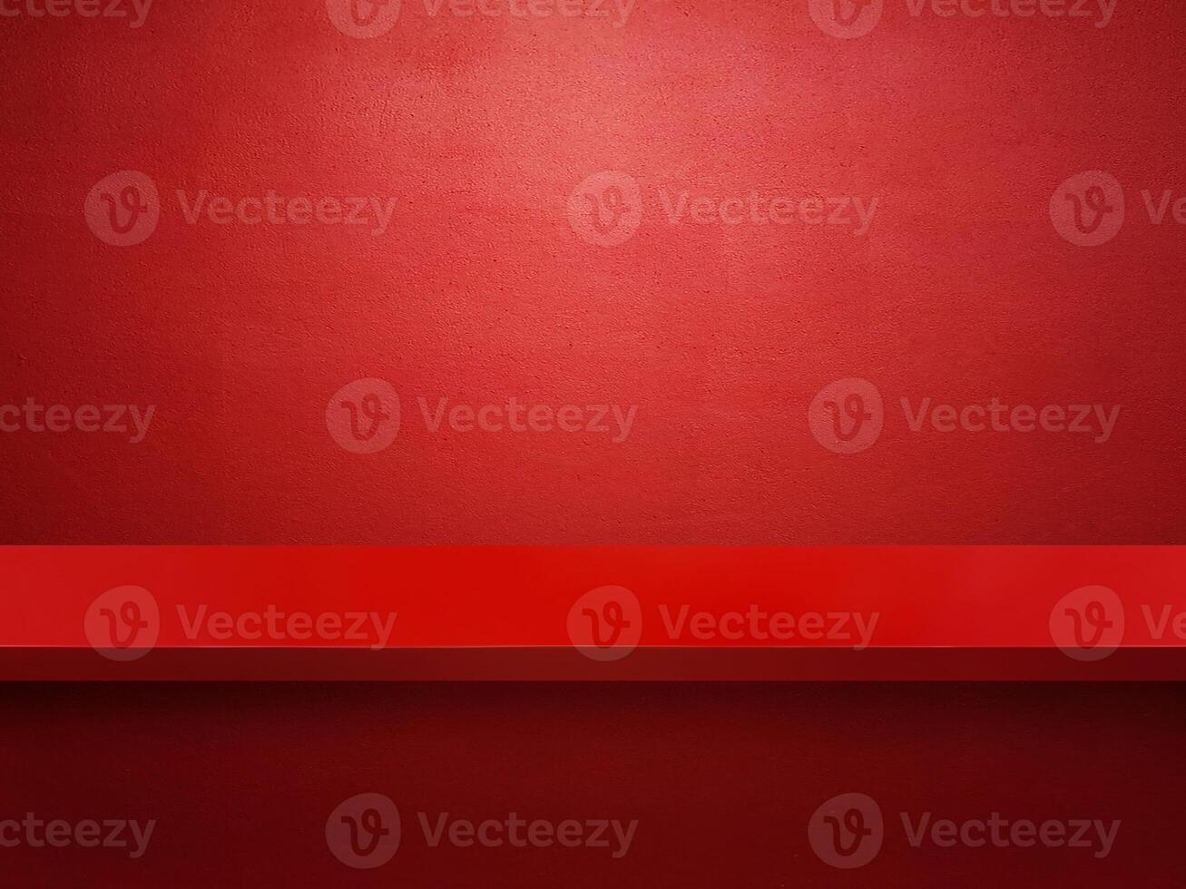 Empty stylish red wooden table, red wall background. photo
